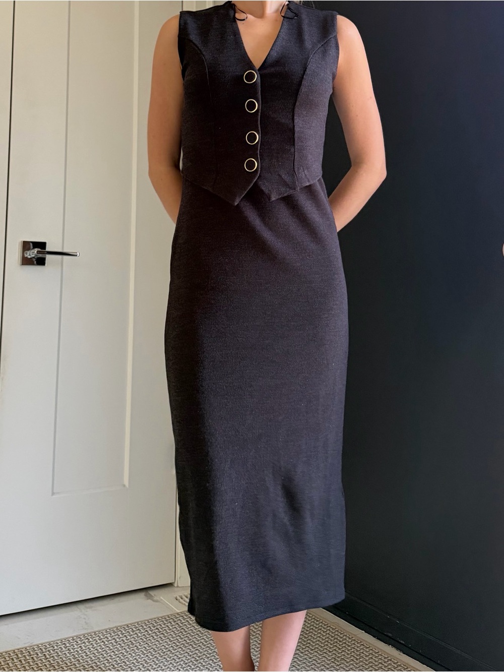 Sleeveless Gray Midi Dress with Buttoned Vest Detail